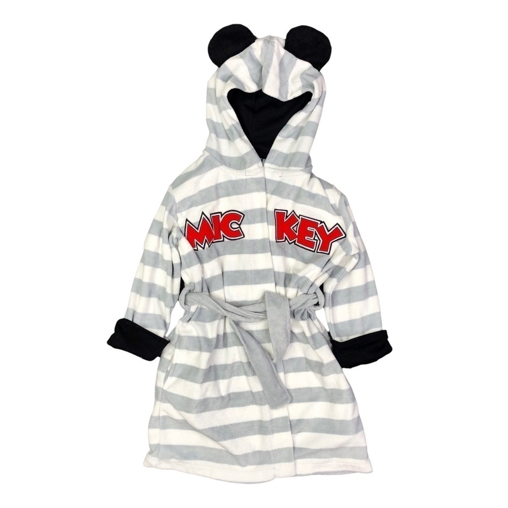 Disney Mickey bathrobe hood with ears and pockets grey white striped terrycloth